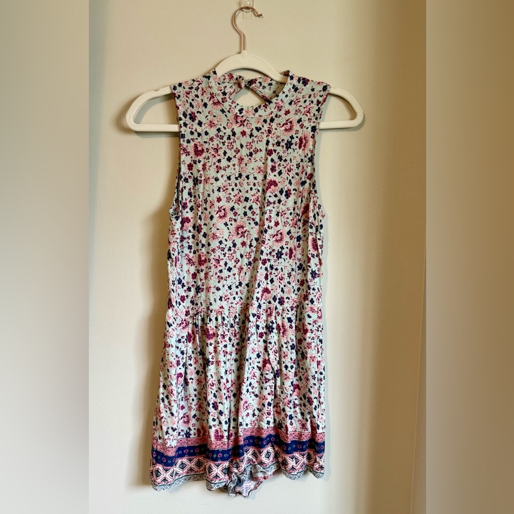 Floral Blue Pink Medium Sleeveless Romper‎ Summer Spring Vacation